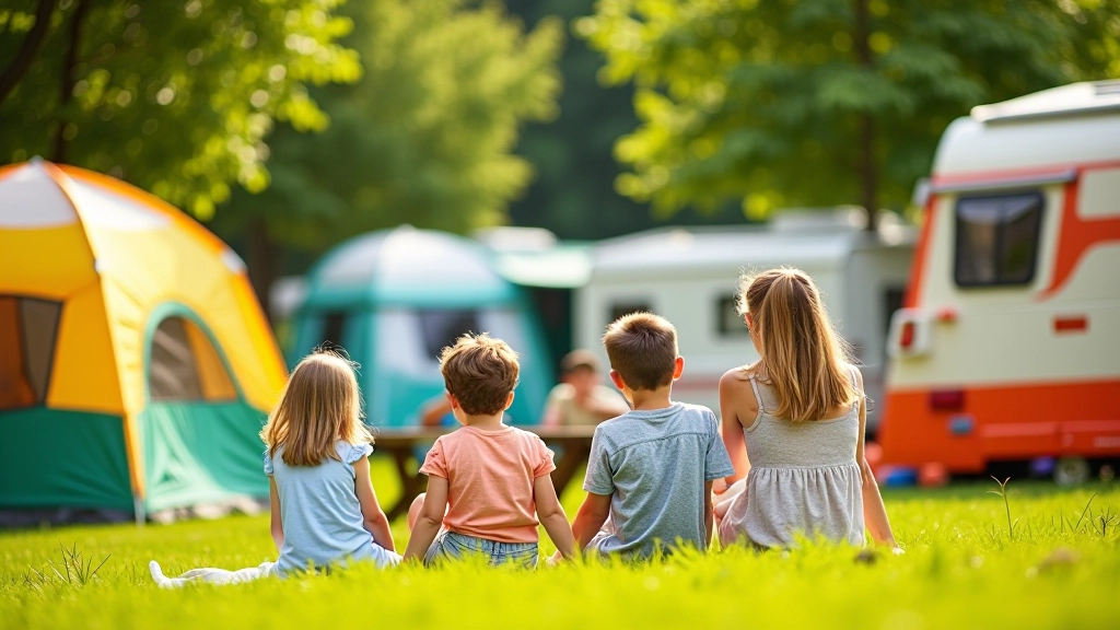 Kempy s barevnými stany a karavanem, rodina na trávu, slunečný den, příroda v pozadí