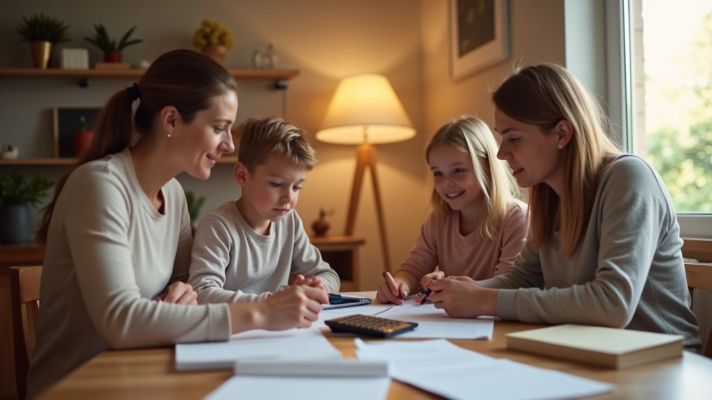 Rodina sedí u stolu a plánuje rozpočet na dovolenou, všichni se na něco těší