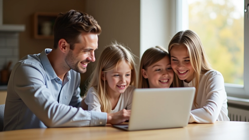 Rodina prohlížející ubytování online, laptop na stole, příjemná domácí atmosféra