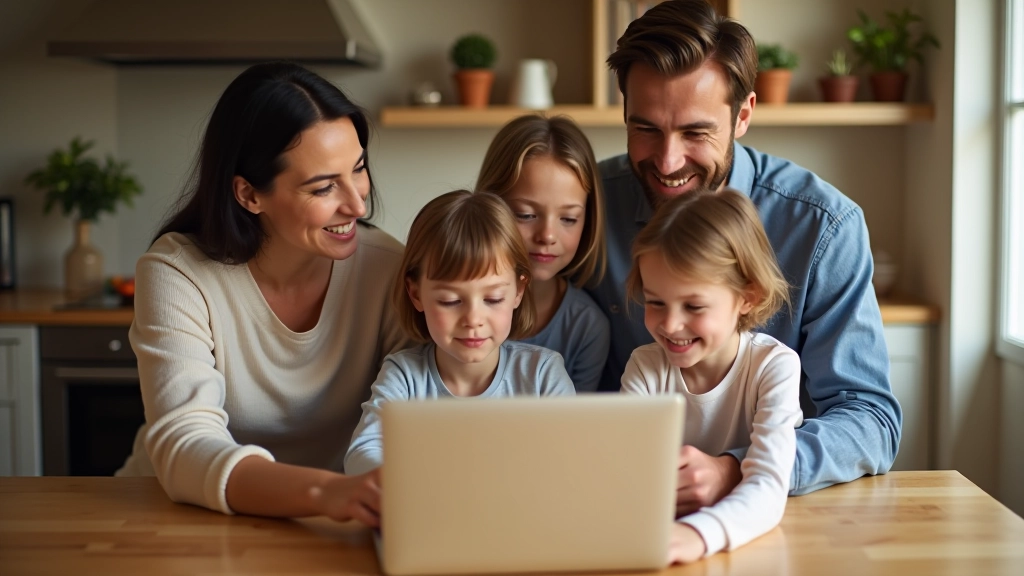 Rodina studující letenky a ceny dovolené na přenosném počítači doma