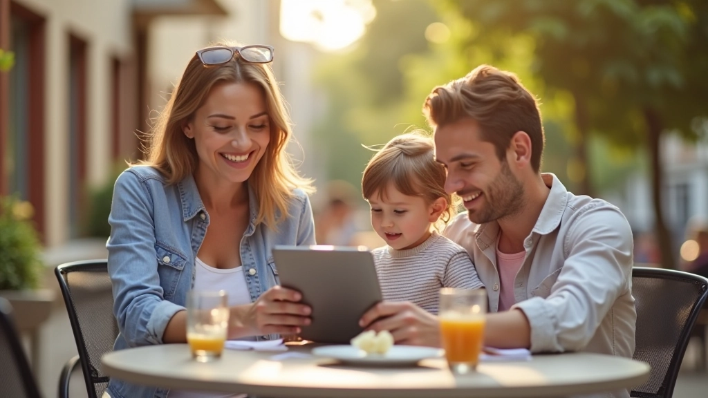 Rodina sedí v kavárně a prohlíží si výdaje z dovolené na tabletu