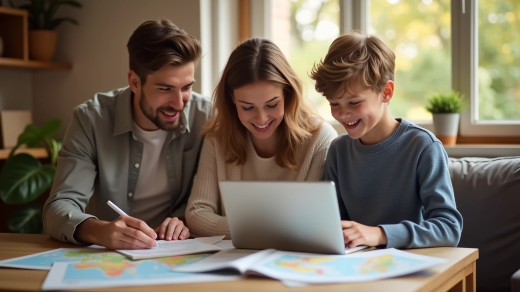 Rodina plánuje dovolenou s notebookem a mapou, útulné prostředí s cestovními brožurami