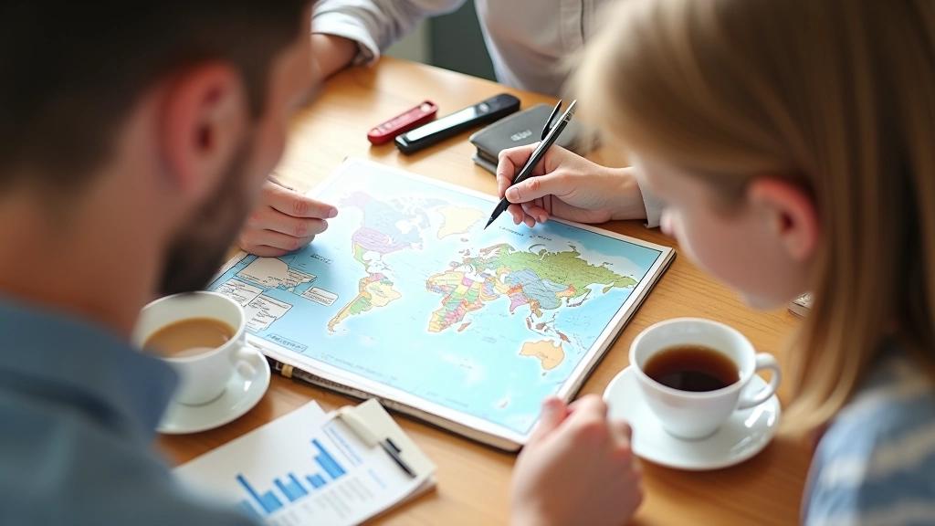 Rodina s mapou a cestovním průvodcem plánuje dovolenou u stolu s poznámkami