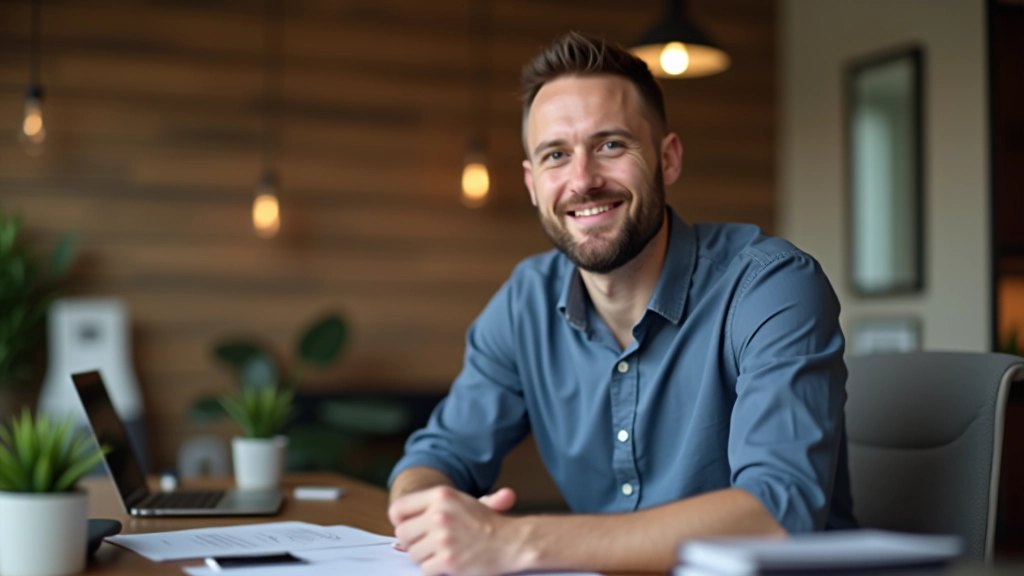 Finanční poradce s papírovým rozpočtem a kalkulačkou, horní část těla, vážný výraz, kancelářský stůl, čisté pozadí, ostrý detail