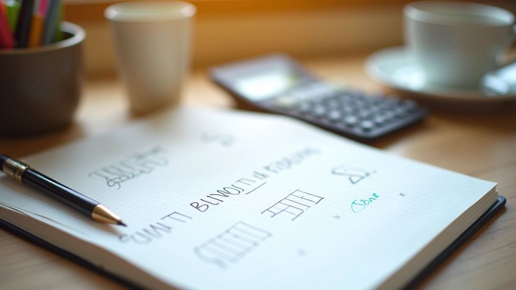 Notebook s psaným plánem dovolené, tužky a kalkulačka, příprava rozpočtu