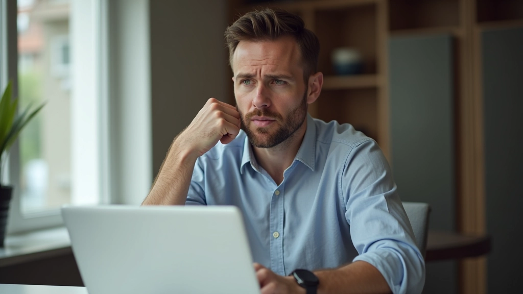 Muž sedící u notebooku s přeraženou cenovkou a upozorňujícím gestem proti online podvodům
