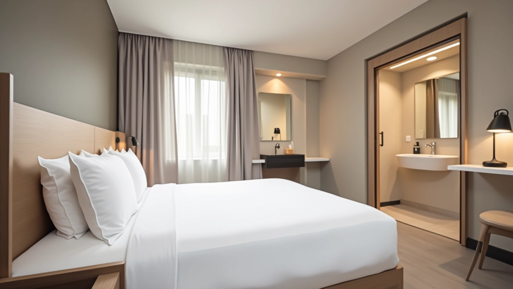 Moderní hotelový pokoj s postelí, koupelnou a pracovním stolem, čisté a organizované prostředí