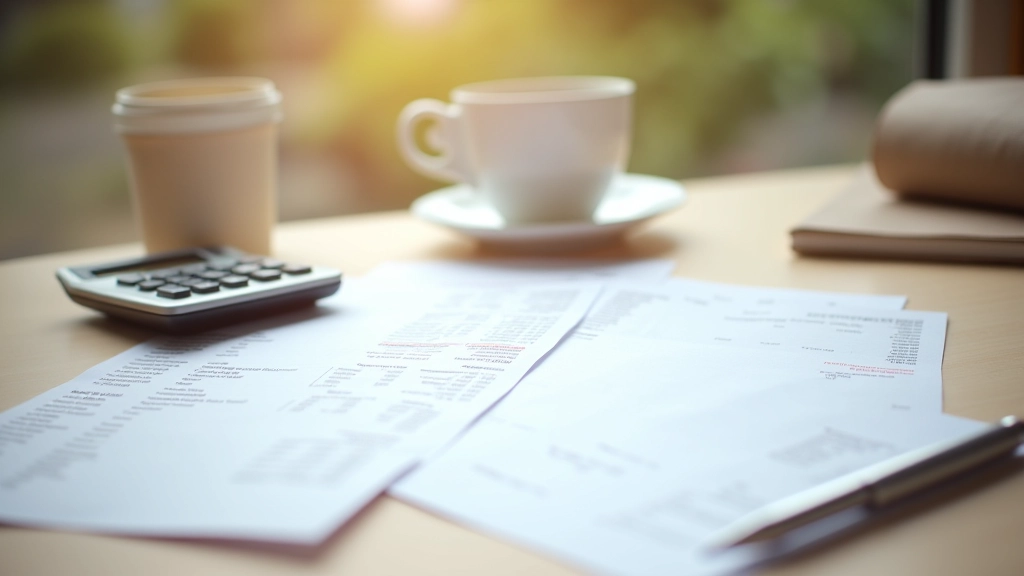Rozvinuté účtenky a výpisy z dovolené rozložené na stole s kalkulačkou