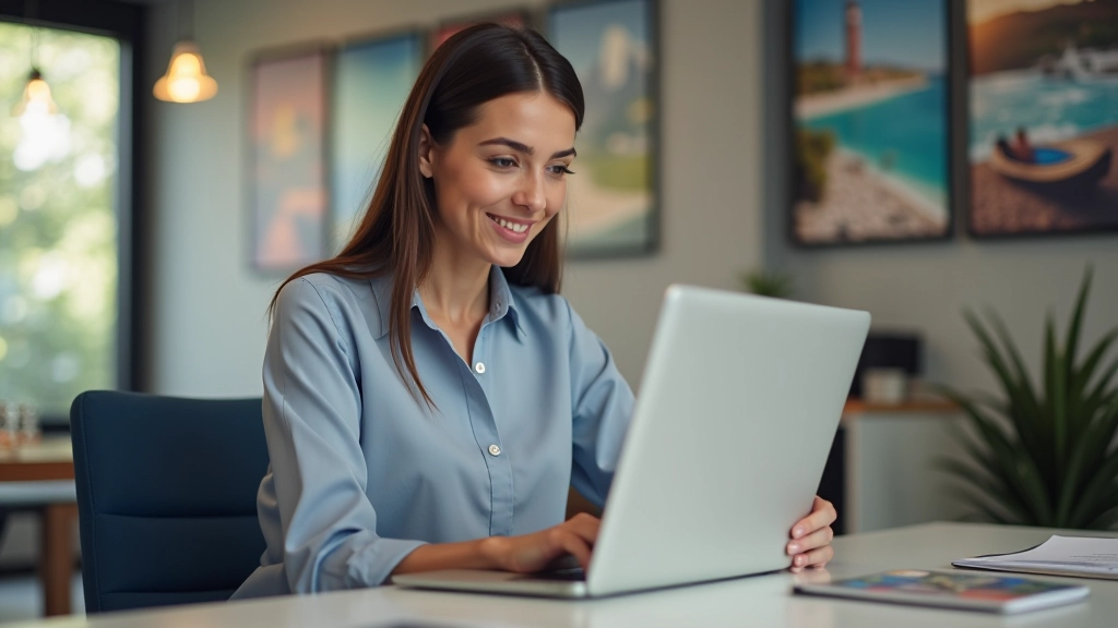 Cestovní agent při prezentaci first minute nabídek na počítači v kancelářském prostředí