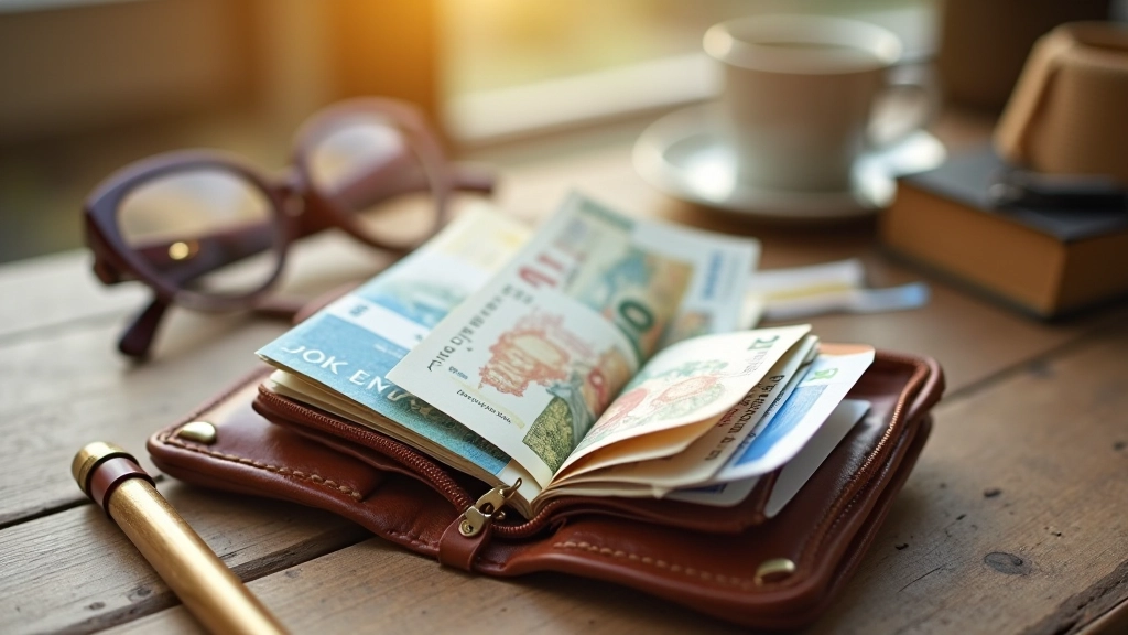 Peněženka s měnami, účtenkami a letenkami, rozpočtování cestování